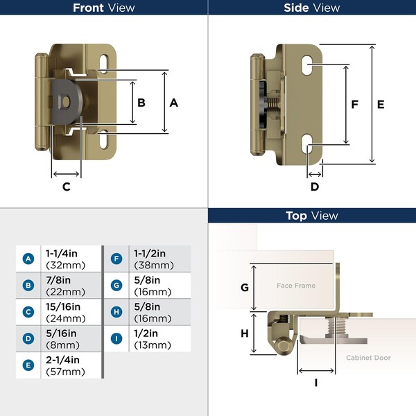 Amerock 1/2in 13mm Overlay Single Demountable Partial Wrap Golden Champagne Cabinet Hinge, 1 Pair - BPR8719BBZ