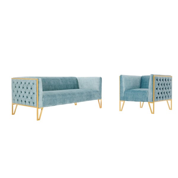 Manhattan Comfort Vector Sofa and Armchair Set of 2 in Ocean Blue and Gold - 2-SS548-OB