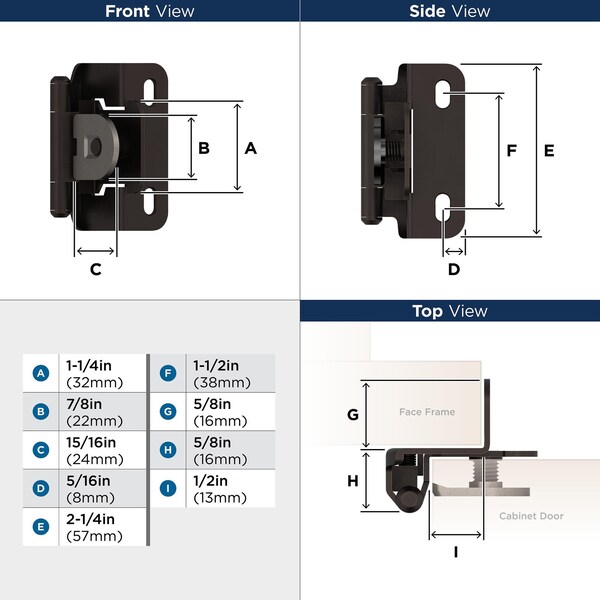 Amerock 1/2in 13 mm Overlay Single Demountable, Partial Wrap Oil-Rubbed Bronze Hinge - 1 Pair - BPR8719ORB
