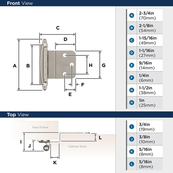 Amerock 3/8in 10 mm Inset Non Self-Closing, Face Mount Satin Nickel Hinge - 1 Pair - BPR3417G10
