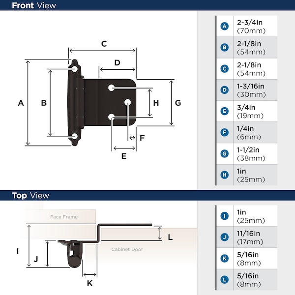 Amerock 3/8in 10 mm Inset Self-Closing, Face Mount Oil-Rubbed Bronze Hinge - 1 Pair - BPR3428ORB
