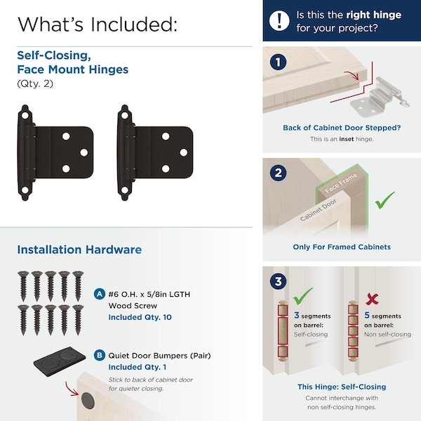 Amerock 3/8in 10 mm Inset Self-Closing, Face Mount Oil-Rubbed Bronze Hinge - 1 Pair - BPR3428ORB
