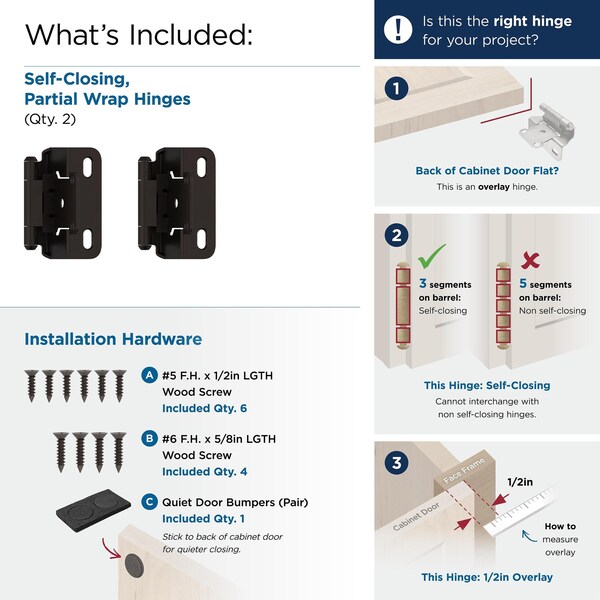 Amerock 1/2in 13 mm Overlay Self-Closing, Partial Wrap Oil-Rubbed Bronze Hinge - 1 Pair - BPR7550ORB