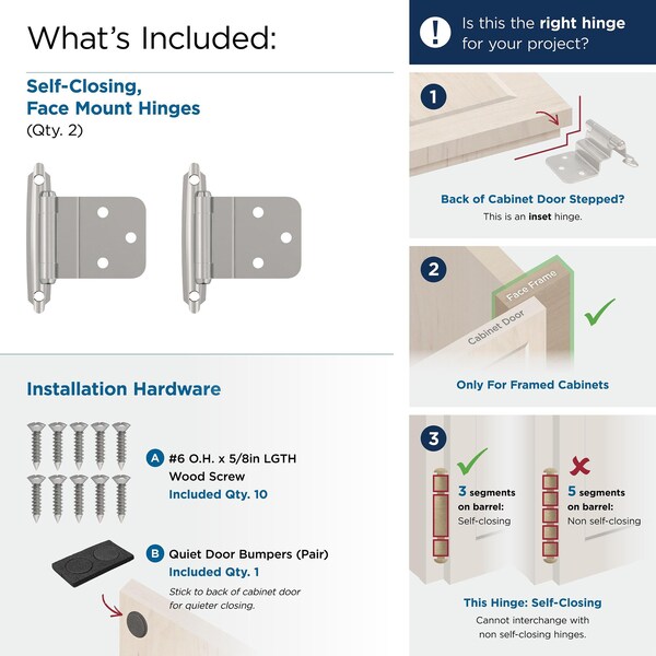 Amerock 3/8in 10 mm Inset Self-Closing, Face Mount Polished Chrome Hinge - 1 Pair - BPR342826