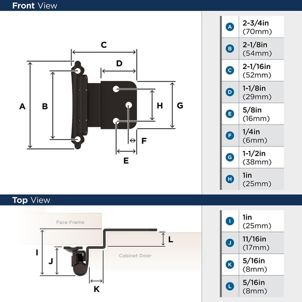 Amerock 3/8in 10 mm Inset Self-Closing, Face Mount Oil-Rubbed Bronze Hinge - 1 Pair - BPR7928ORB