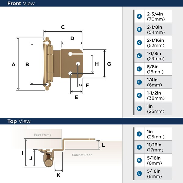 Amerock 3/8in 10mm Inset Self Closing Face Mount Champagne Bronze Cabinet Hinge, 1 Pair - BPR7928CZ