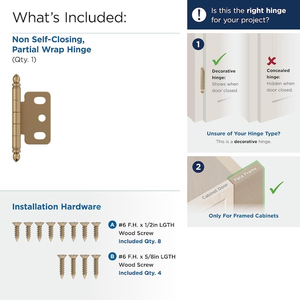 Amerock 3/4in 19mm Door Thickness Full Inset Partial Wrap Ball Tip Champagne Bronze Cabinet Hinge, Single - PK3180TBCZ