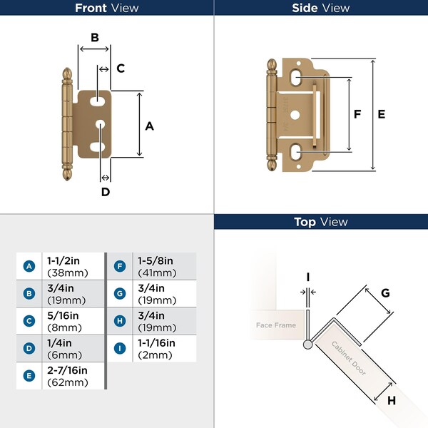 Amerock 3/4in 19mm Door Thickness Full Inset Partial Wrap Ball Tip Champagne Bronze Cabinet Hinge, Single - PK3180TBCZ