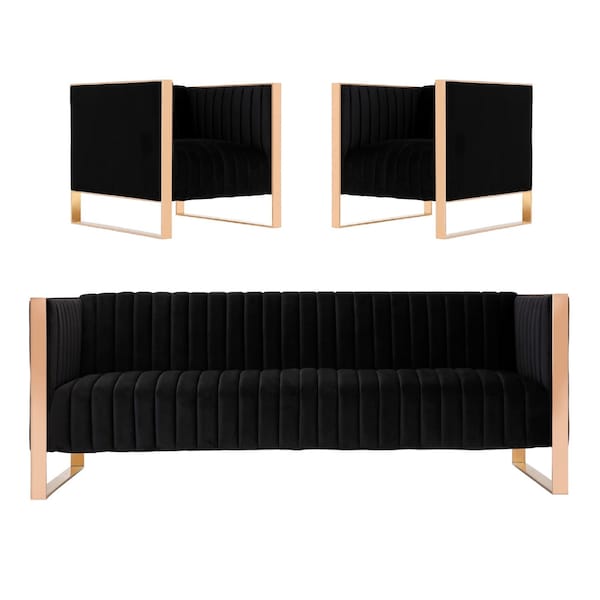 Manhattan Comfort Trillium Sofa and Armchair Set of 3 in Black and Rose Gold - 3A-SS559-BK