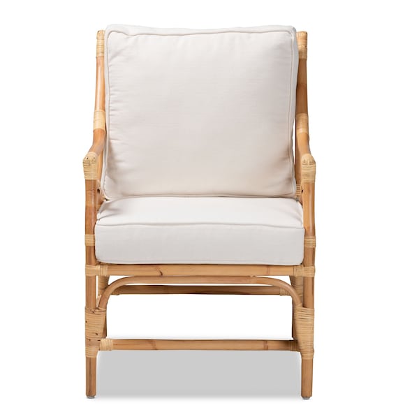 Baxton Studio Brandon Modern Bohemian White Fabric Upholstered and Natural Brown Rattan Armchair - 203-12671