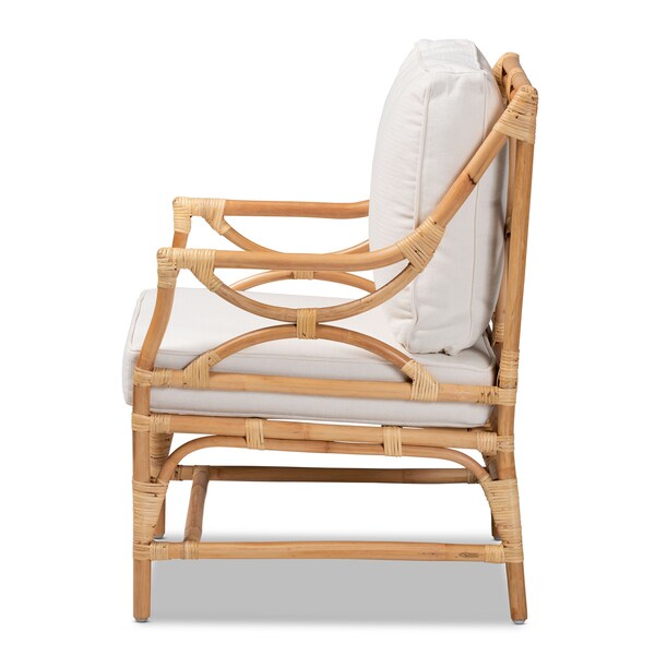 Baxton Studio Brandon Modern Bohemian White Fabric Upholstered and Natural Brown Rattan Armchair - 203-12671