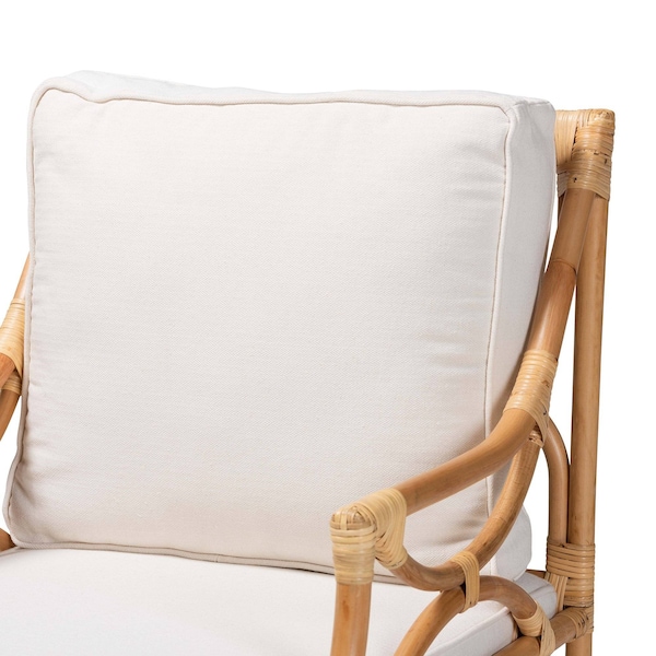 Baxton Studio Brandon Modern Bohemian White Fabric Upholstered and Natural Brown Rattan Armchair - 203-12671