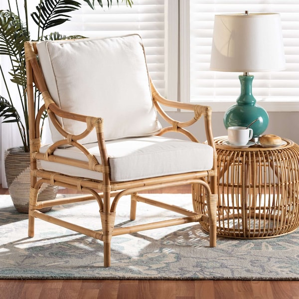 Baxton Studio Brandon Modern Bohemian White Fabric Upholstered and Natural Brown Rattan Armchair - 203-12671