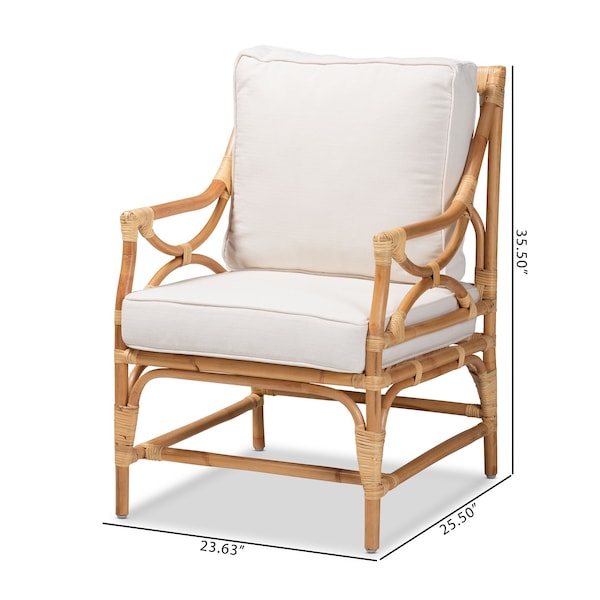 Baxton Studio Brandon Modern Bohemian White Fabric Upholstered and Natural Brown Rattan Armchair - 203-12671
