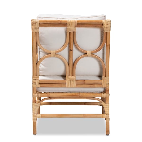 Baxton Studio Brandon Modern Bohemian White Fabric Upholstered and Natural Brown Rattan Armchair - 203-12671