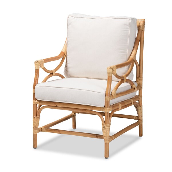Baxton Studio Brandon Modern Bohemian White Fabric Upholstered and Natural Brown Rattan Armchair - 203-12671