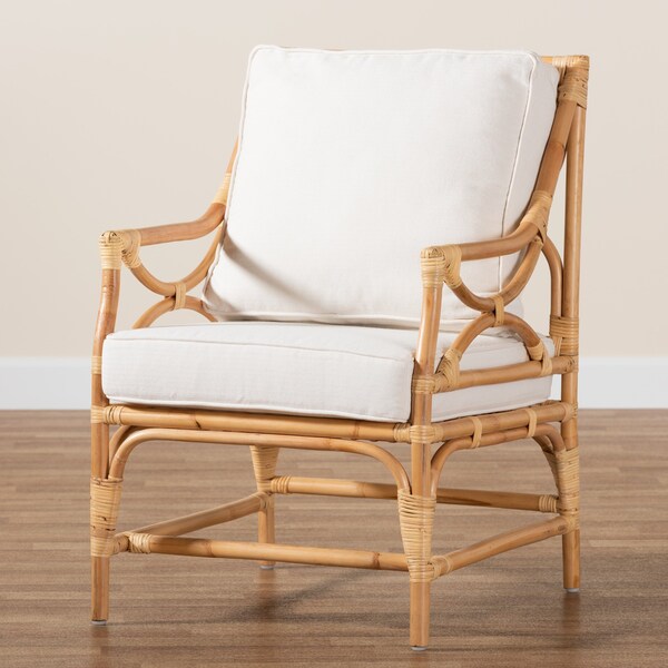 Baxton Studio Brandon Modern Bohemian White Fabric Upholstered and Natural Brown Rattan Armchair - 203-12671