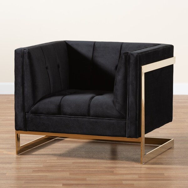Baxton Studio Ambra Glam and Luxe Black Velvet Fabric Upholstered and Button Tufted Armchair with Gold-Tone Frame - 204-11713