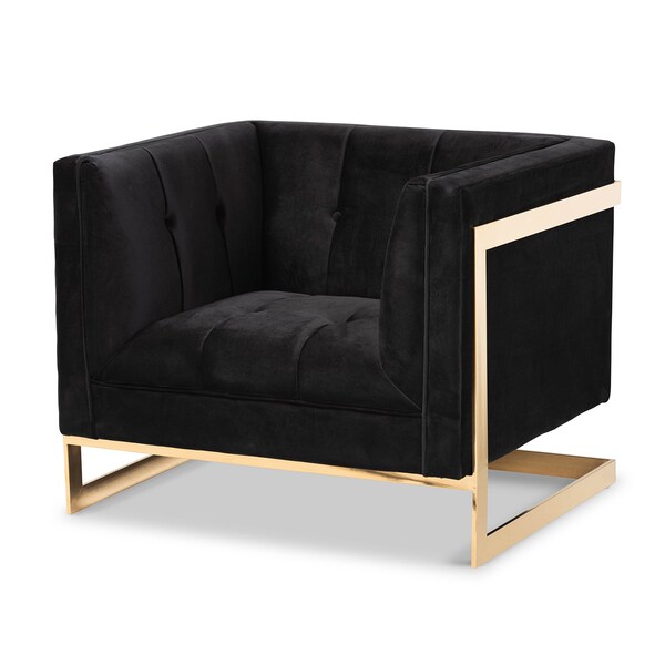 Baxton Studio Ambra Glam and Luxe Black Velvet Fabric Upholstered and Button Tufted Armchair with Gold-Tone Frame - 204-11713