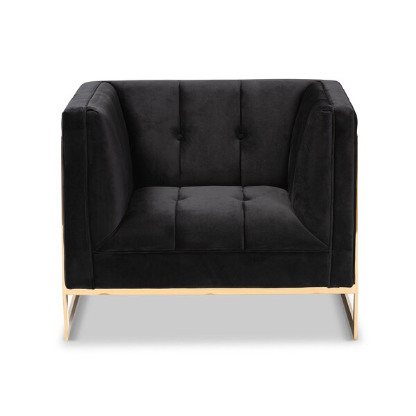 Baxton Studio Ambra Glam and Luxe Black Velvet Fabric Upholstered and Button Tufted Armchair with Gold-Tone Frame - 204-11713