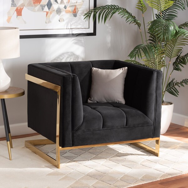Baxton Studio Ambra Glam and Luxe Black Velvet Fabric Upholstered and Button Tufted Armchair with Gold-Tone Frame - 204-11713
