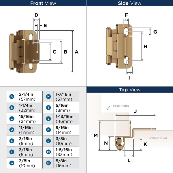 Amerock 3/8in 10mm Inset Self Closing Partial Wrap Champagne Bronze Cabinet Hinge, 1 Pair - BPR7565CZ