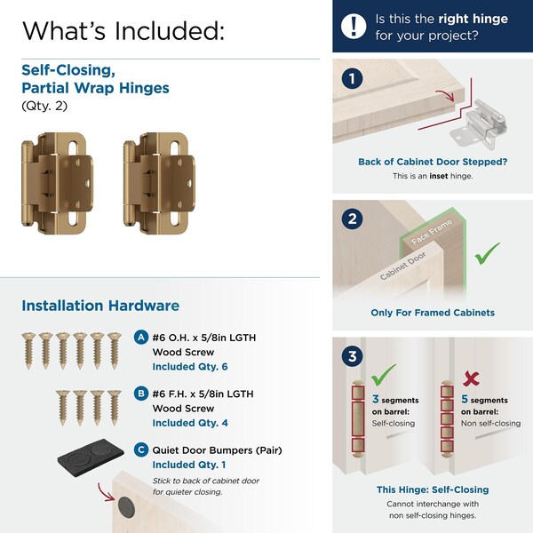 Amerock 3/8in 10mm Inset Self Closing Partial Wrap Champagne Bronze Cabinet Hinge, 1 Pair - BPR7565CZ