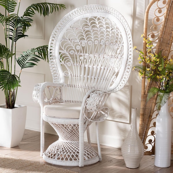 Bali & Pari Kallima Modern Bohemian White Natural Rattan Peacock Chair - 242-13598-ZORO