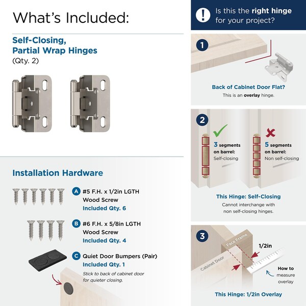 Amerock 1/2in 13 mm Overlay Self-Closing, Partial Wrap Satin Nickel Hinge - 1 Pair - BPR7550G10