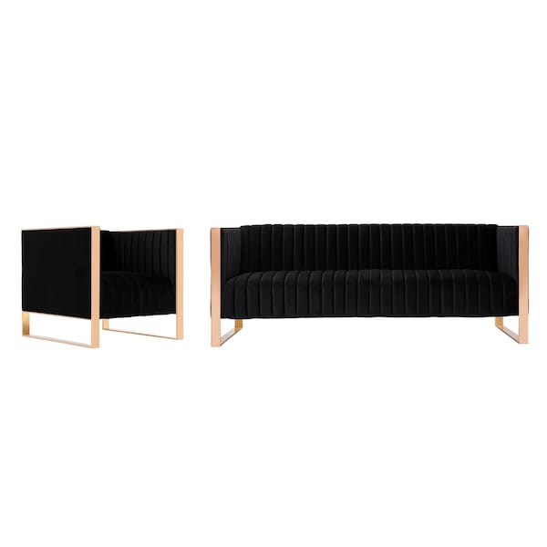 Manhattan Comfort Trillium Sofa and Armchair Set of 2 in Black and Rose Gold - 2-SS559-BK