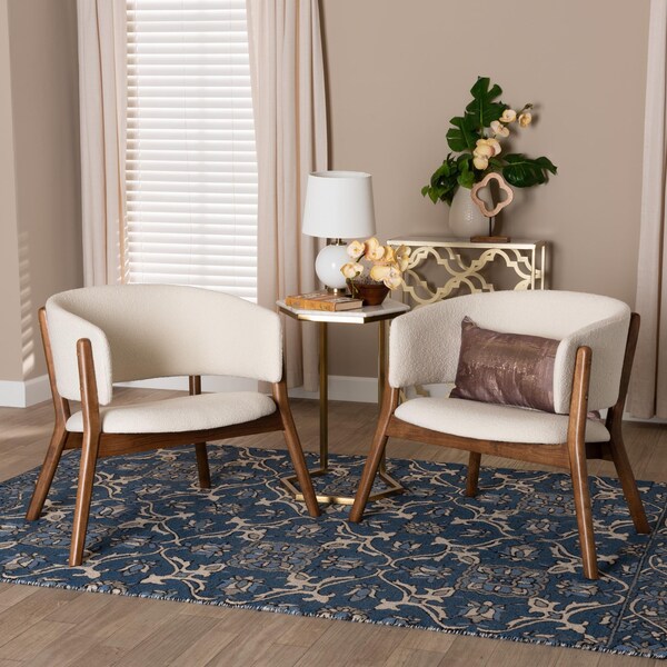 Baxton Studio Baron Mid-Century Modern Cream Boucle Fabric Upholstered 2-Piece Living Room Accent Chair Set, PR - 233-2PC-13278-ZORO