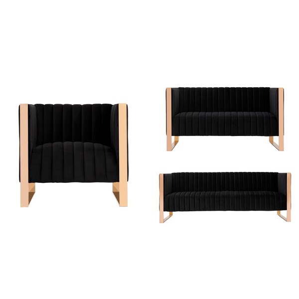 Manhattan Comfort Trillium 3 Piece - Sofa, Loveseat and Armchair Set in Black and Rose Gold - 3-SS559-BK