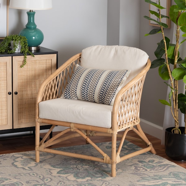 Baxton Studio Patsy Modern Bohemian White Fabric and Natural Brown Rattan Armchair - 224-12730-ZORO
