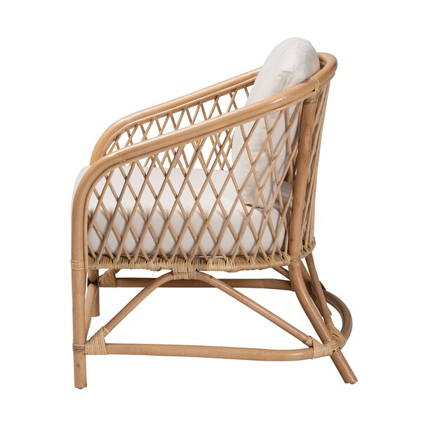 Baxton Studio Patsy Modern Bohemian White Fabric and Natural Brown Rattan Armchair - 224-12730-ZORO