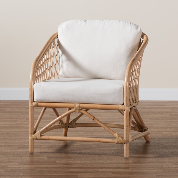 Baxton Studio Patsy Modern Bohemian White Fabric and Natural Brown Rattan Armchair - 224-12730-ZORO