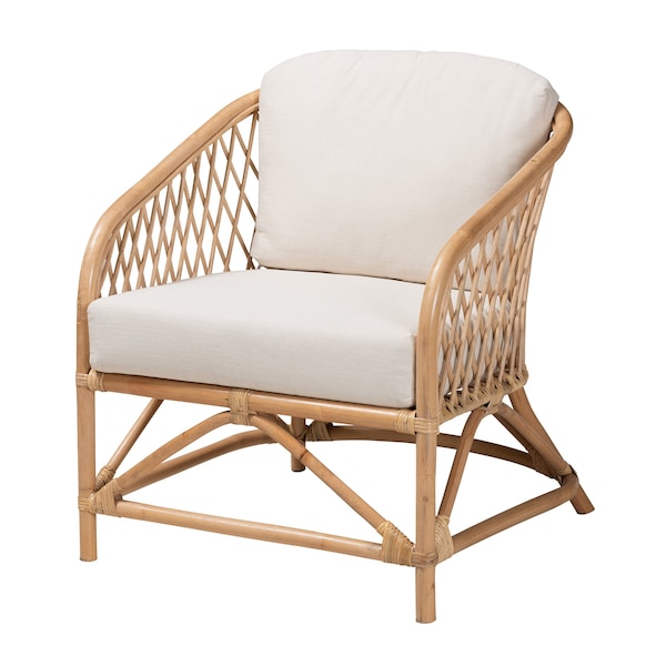 Baxton Studio Patsy Modern Bohemian White Fabric and Natural Brown Rattan Armchair - 224-12730-ZORO