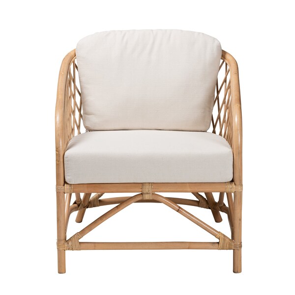Baxton Studio Patsy Modern Bohemian White Fabric and Natural Brown Rattan Armchair - 224-12730-ZORO