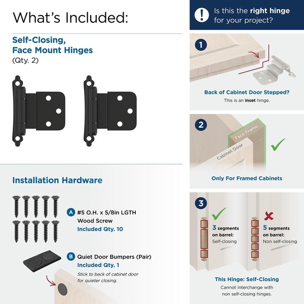 Amerock 3/8in 10mm Inset Self Closing Face Mount Matte Black Cabinet Hinge, 1 Pair - BPR7928FB