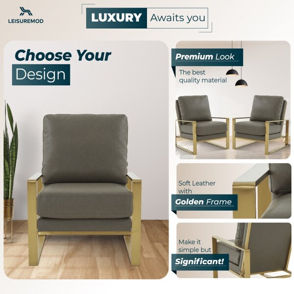 Leisuremod Jefferson Leather Modern Design Accent Armchair with Elegant Gold Frame, Grey - JAG29GR-L