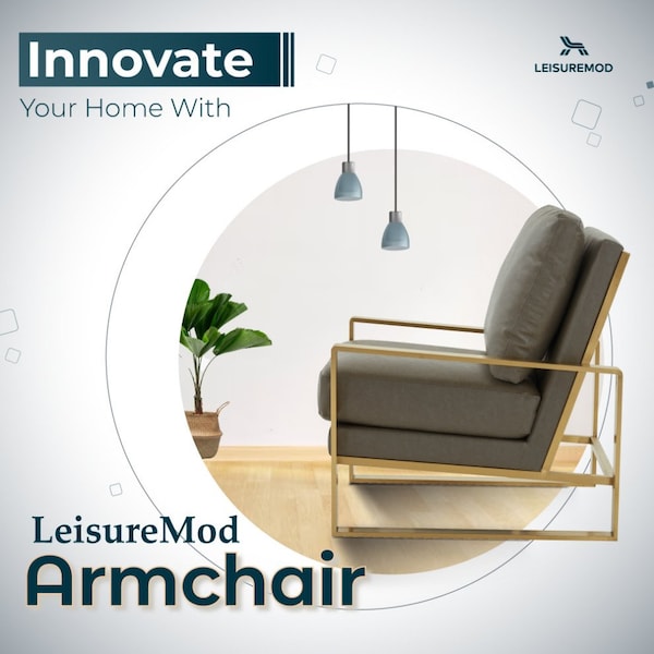 Leisuremod Jefferson Leather Modern Design Accent Armchair with Elegant Gold Frame, Grey - JAG29GR-L