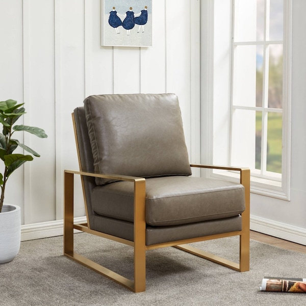 Leisuremod Jefferson Leather Modern Design Accent Armchair with Elegant Gold Frame, Grey - JAG29GR-L