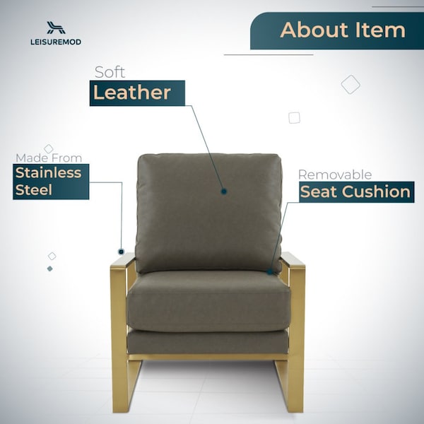 Leisuremod Jefferson Leather Modern Design Accent Armchair with Elegant Gold Frame, Grey - JAG29GR-L