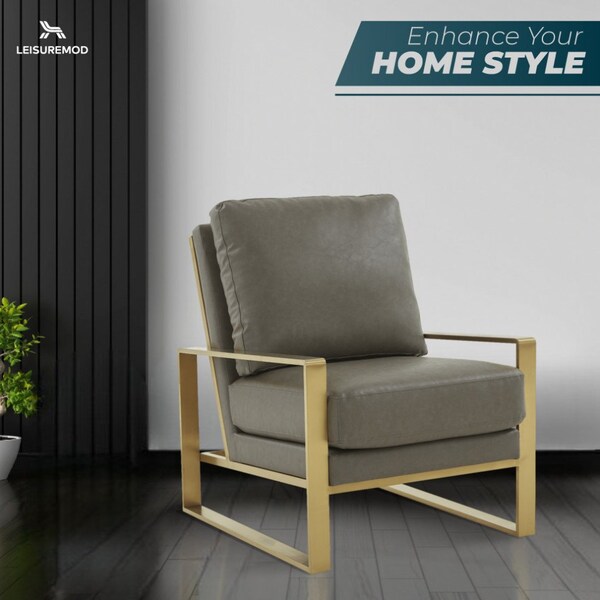 Leisuremod Jefferson Leather Modern Design Accent Armchair with Elegant Gold Frame, Grey - JAG29GR-L