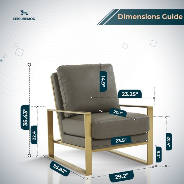 Leisuremod Jefferson Leather Modern Design Accent Armchair with Elegant Gold Frame, Grey - JAG29GR-L