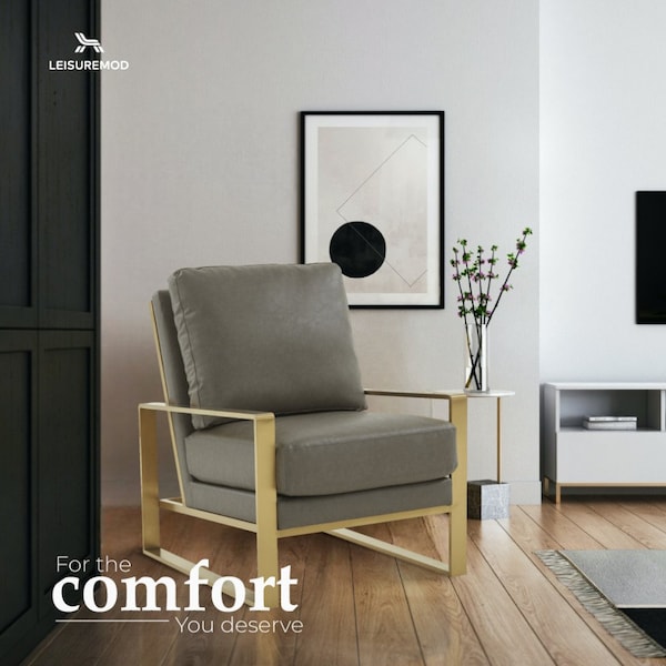 Leisuremod Jefferson Leather Modern Design Accent Armchair with Elegant Gold Frame, Grey - JAG29GR-L