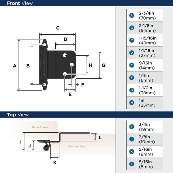 Amerock 3/8in 10mm Inset Non-Self Closing Face Mount Matte Black Cabinet Hinge, 1 Pair - BPR3417FB