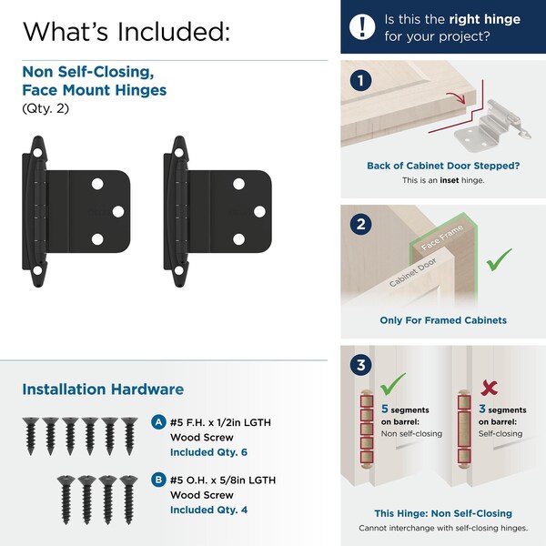 Amerock 3/8in 10mm Inset Non-Self Closing Face Mount Matte Black Cabinet Hinge, 1 Pair - BPR3417FB