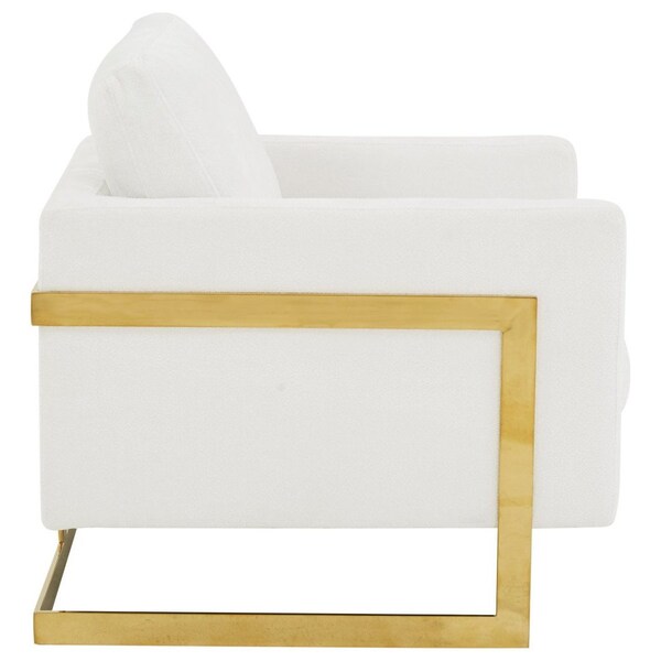 Leisuremod Lincoln Boucle Fabric Armchair with Gold Stainless Steel Frame & Removable Back Cushion, White - LA31-B-W