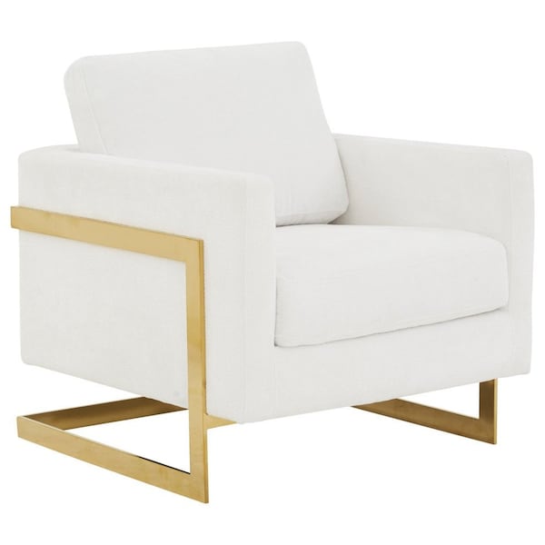 Leisuremod Lincoln Boucle Fabric Armchair with Gold Stainless Steel Frame & Removable Back Cushion, White - LA31-B-W