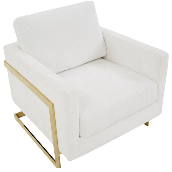 Leisuremod Lincoln Boucle Fabric Armchair with Gold Stainless Steel Frame & Removable Back Cushion, White - LA31-B-W